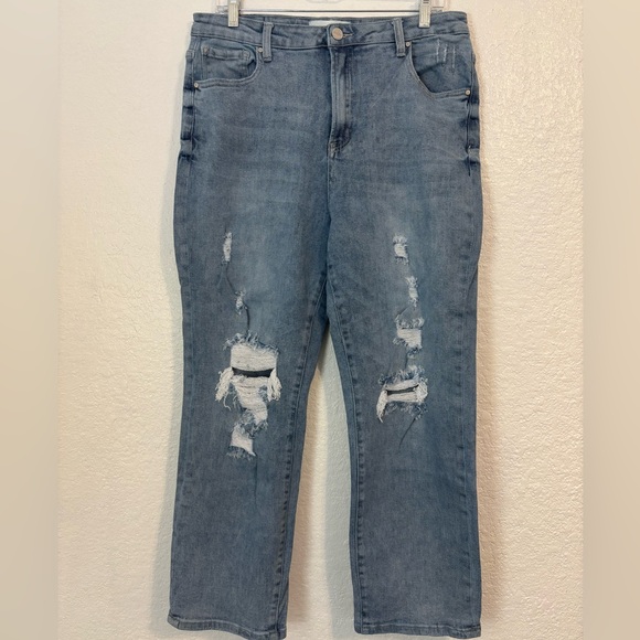 Risen Jeans Denim - Risen High Rise Distressed Straight Leg Denim Blue Jeans Size 15 Waist 32